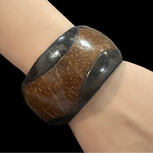 Handcrafted Brown & Black Coconut Shell Wide Bangle Bracelet
